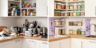 Cocina transformada: antes con superficies desordenadas y después con organizadores y estantes limpios